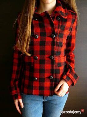Gap Plaid Peacoat Jacket Size XS Red Black Buffalo Wool-Blend Double-Breasted